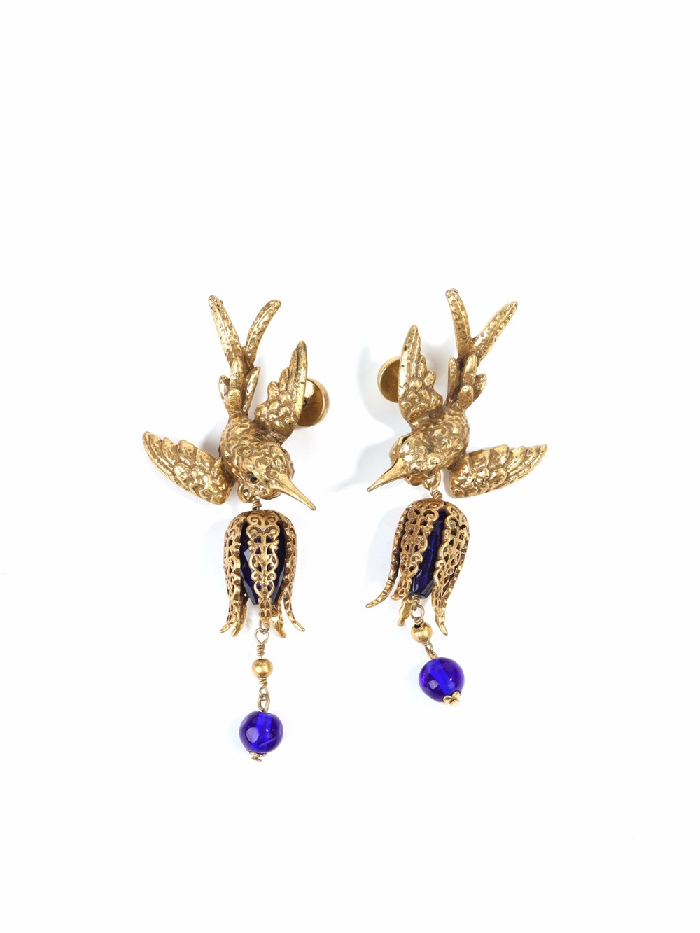 Exclusive Gold Hummingbird Drop Earrings with Blue Accent